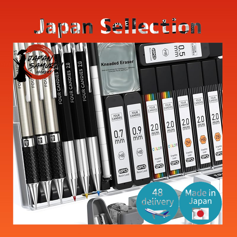 Four Candies 2mm Mechanical Pencil Set with Holder and 120 Refill Leads (HB, 2H, 2B, 4B) for Drawing
