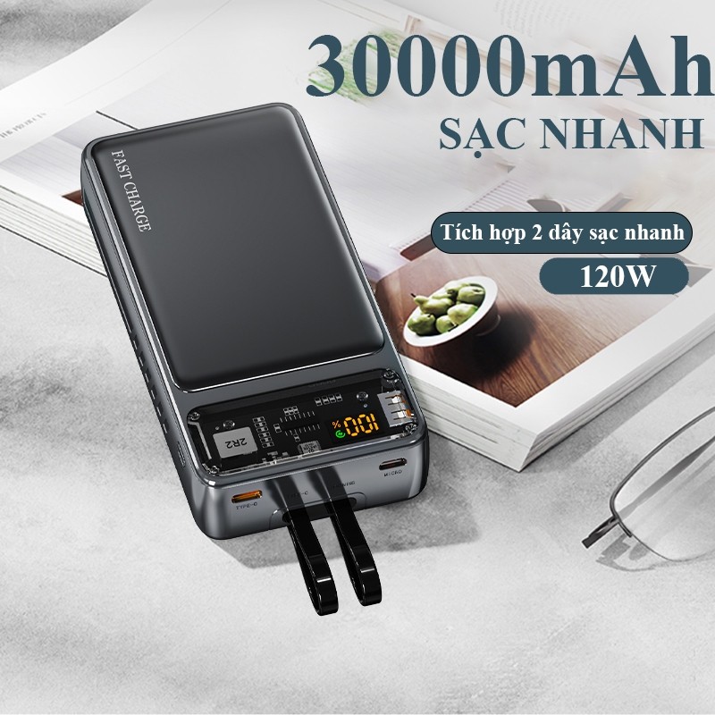 Sạc dự phòng 120w 30000mah kèm cổng type c sạc nhanh 2 chiều tích hợp 2 dây cáp hỗ trợ sạc nhiều thiết bị