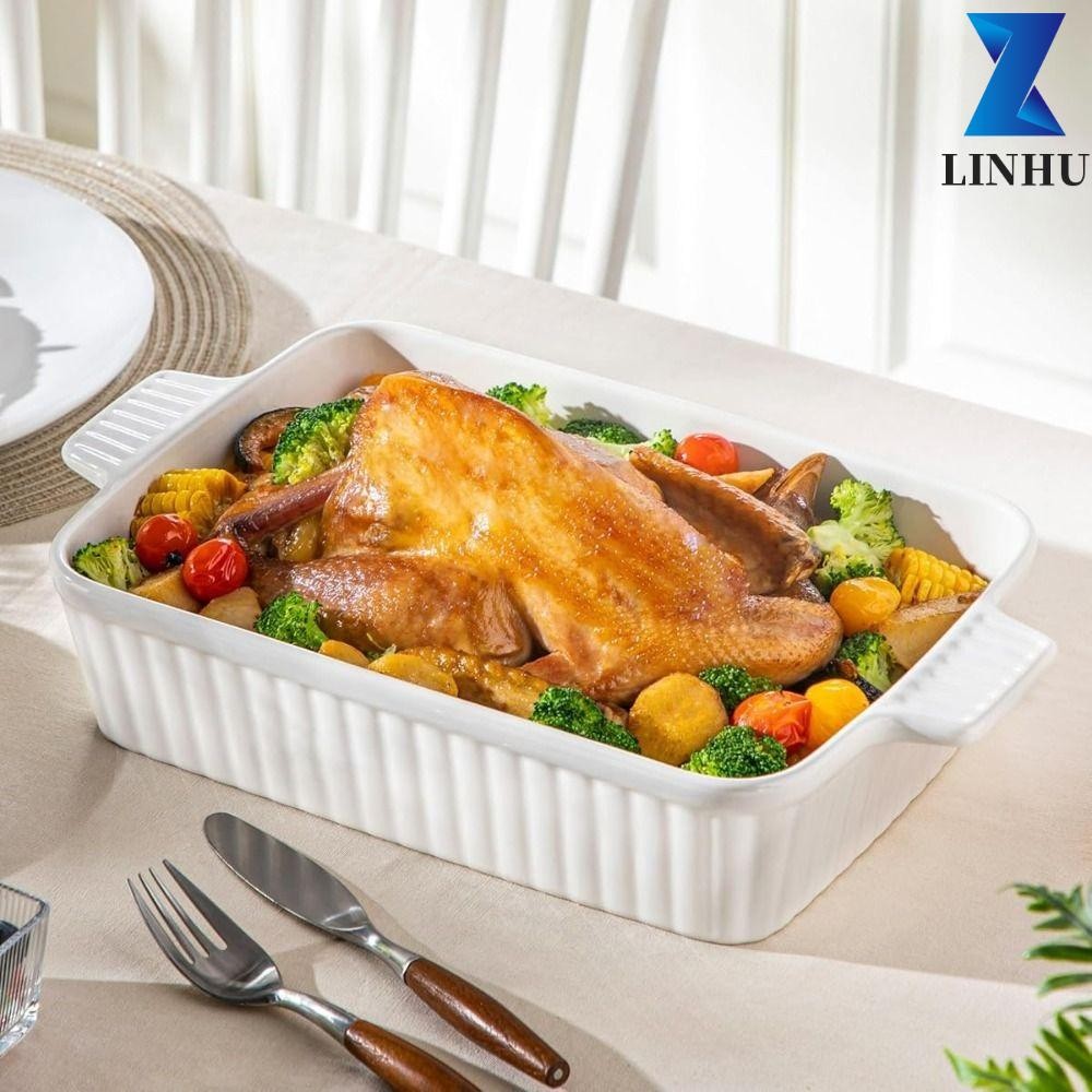 Khay Nướng Gốm LINHU, Có Tay Cầm Đĩa Nướng Hình Chữ Nhật, Dụng Cụ Nấu Ăn Họa Tiết Sọc Làm Sâu Lasagn