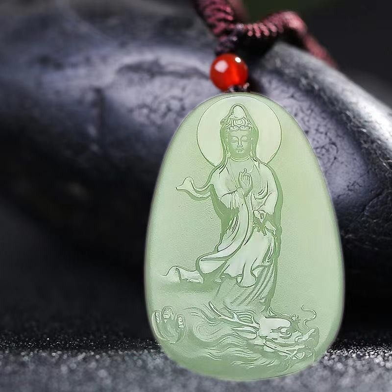 Guanyin Mặt Dây Chuyền Nam Khắc Ngọc Guanyin Mặt Dây Chuyền Nam Rồng-subduing Guanyin Xanh Trắng Ngọ