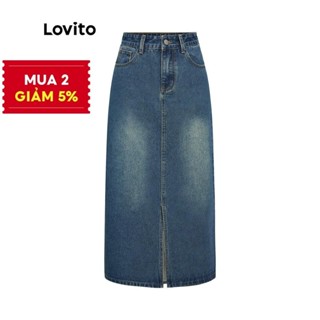 Lovito Chân Váy Midi Vải Denim Màu Trơn Họa Tiết Sọc Xẻ Tà Phong L39AD079