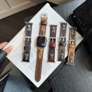 Dây Da Kim Loại Đầu Lâu Cho iWatch Series Ultra 10 9 8 7 6 SE 5 4 3 2 42mm 44mm 41mm 45mm 40mm 46mm 38mm 49mm Punk Cool Hợp Thời Trang Thiết Kế Dây Đeo Tay