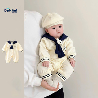 Bộ liền thân DAKIMI cho bé gái bé trai quàng khăn, Body dài tay chất cotton, đồ sơ sinh cho bé 0-12M