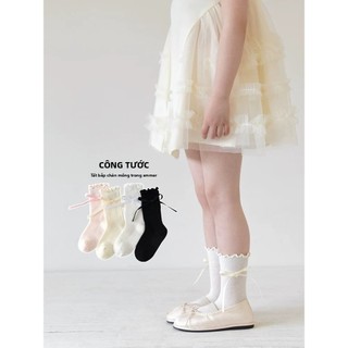 Tất trẻ em nơ ren cho bé gái, cotton mỏng mùa xuân hè, ống giữa, không xương lưới, phong cách Hàn Quốc