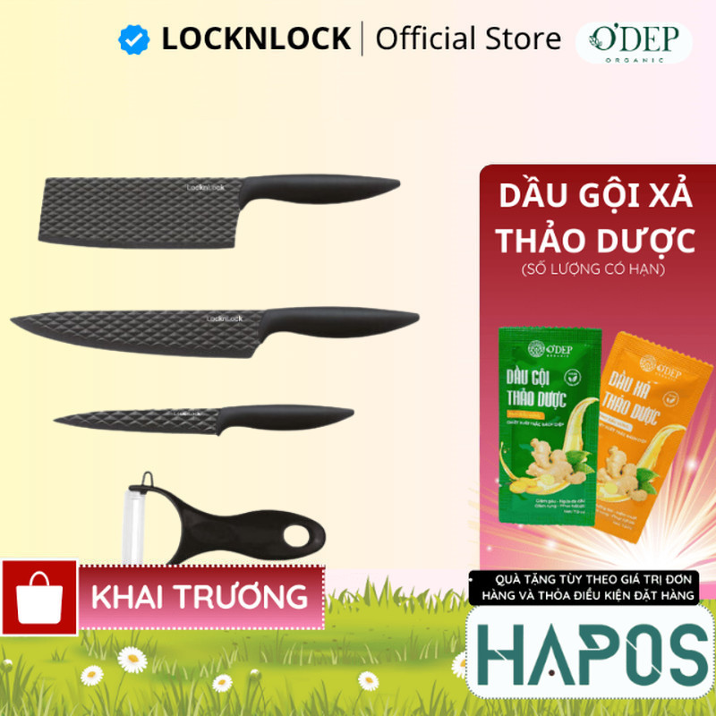 Bộ dao 4 món LocknLock, chống dính, chất liệu thép không gỉ (3 dao 1 bào) - Màu đen CKK104S4 - HAPOS