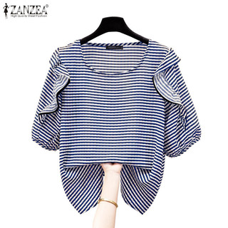 Zanzea Nữ Hàn Quốc Cổ Tròn Tay Ngắn Xù Sọc Rời Áo