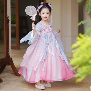 Hán phục bé gái mẫu mới 2024 cổ trang siêu tiên nữ trẻ em trang phục thời Đường cổ trang bé gái váy liền mùa hè công chúa