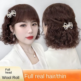 Tóc giả toàn bộ mũ trung bình dài tóc trung niên người cao tuổi nữ full thật tóc trắng tóc mẹ xoăn tóc