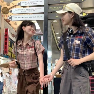 Yuewen Preppy Kiểm Tra Áo Sơ Mi Tay Ngắn Nữ Ngọt Cay JKpolo Cổ Áo Nữ
