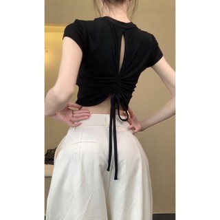 Yuewen Dây Lưng Rỗng Dây Rút Top Nữ Slim-fit Slimmer Nhìn Ngắn Tay T @