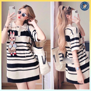 💥[A155] ĐẦM SUÔNG len nữ Montoghi THÊU THỎ TAI DÀI phối sọc xinh xắn - L2M