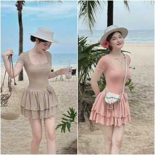 Đầm đi biển ôm body tay ngắn váy xếp tầng xòe kết bông vừa trẻ trung vừa sành điệu - NHƯ Ý