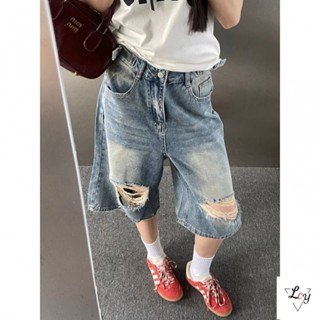 Quần denim cỡ lớn, quần ống rộng thường ngày, quần jean ống rộng, quần jean cắt xén kiểu Mỹ, quần jean năm điểm rách cổ điển kiểu Mỹ, cảm giác thiết kế mẫu mới mùa hè cho phụ nữ, quần lửng cạp giặt sạch, trang phục cặp đôi
