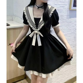 Váy Nữ Váy Váy Váy Mỡ mm Tay Ngắn Cổ Biển 2024 Phong Cách Preppy Mới Nơ Đen Mùa Hè MMVU