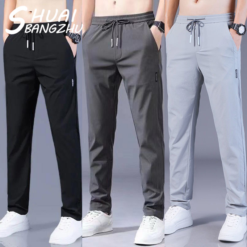 M-5xl Nam Mùa Hè Băng Lụa Thời Trang Hàn Quốc Slim Fit Thẳng-Leg Màu Trơn Quần Dài Rời Thường Ngày Cơ Bản Quần trơn Phù Hợp Với Áo Đen\ Xám