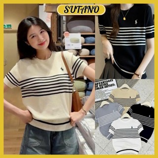 Áo len nữ ngắn tay áo len nữ mongtoghi áo len nữ mùa đông cổ tròn thêu ngựa sọc kẻ ngang A409 SUTANO