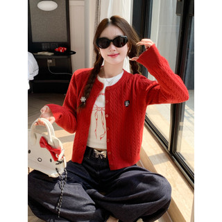  YAYUAN Đan Cardigan nữ vòng cổ dài tay áo màu đỏ 