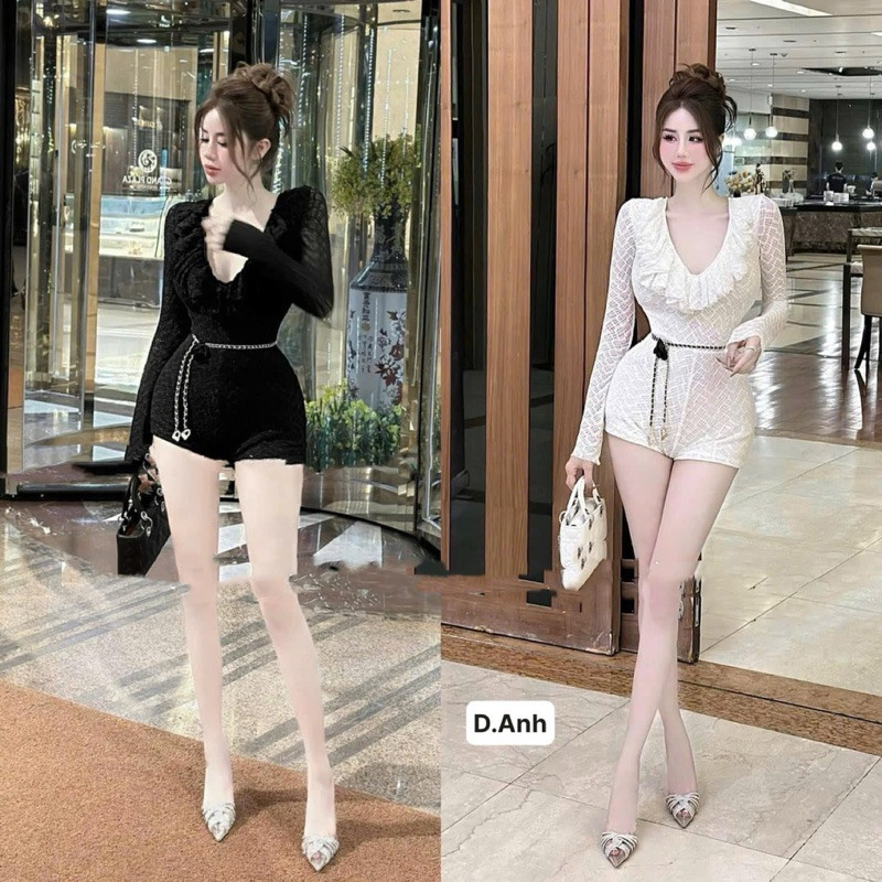 Jumpsuit ren nữ cổ bèo sang chảnh kèm belt, vải co dãn ôm dáng LINN BYJOLIE
