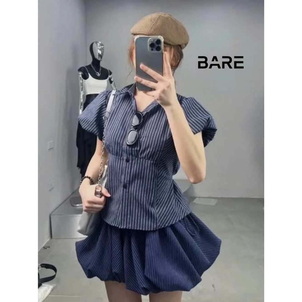 Áo Sơ Mi Kẻ Tay Bồng. Ao Sơ Mi Nữ Cộc Tay Buộc Eo Sau_A532