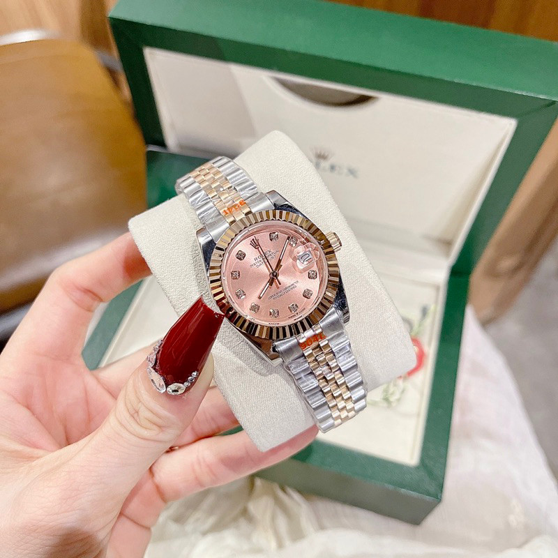 Đồng Hồ Rolexx Nữ Máy Quartz (Pin) Kính Sapphiare Mặt Tròn Siz 31mm Dây Kim Loại Mặt Hồng Ghi Niềng 