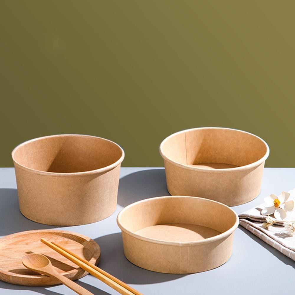 25PC Disposable Thickened Circular Kraft Paper Packaging Bowl Salad Food Box Takeaway