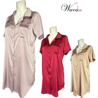 Váy ngủ Pijama dáng suông dấu bụng Wannabe đầm ngủ nữ lụa latin phối ren Nhật mềm mại nữ tính DNL16