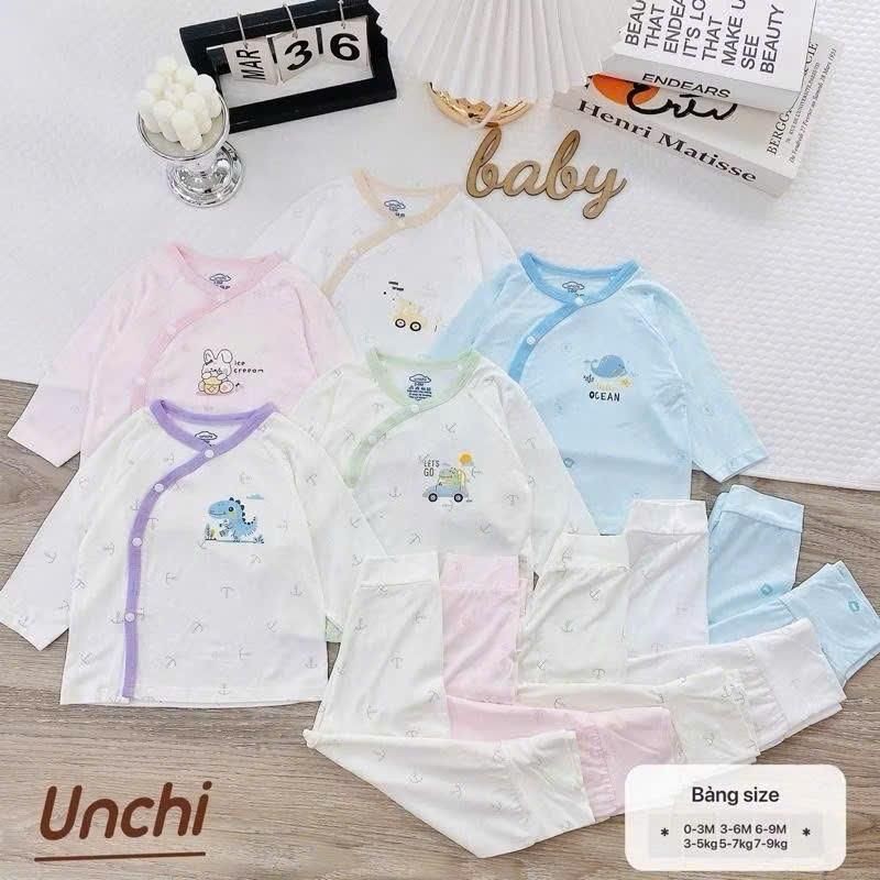[UNCHI] Bộ Quần Áo Sơ Sinh Dài Tay Vạt Chéo Cúc Bấm Áo Trắng Viền Màu, Quần Trắng CẠP CAO - Chất Pet