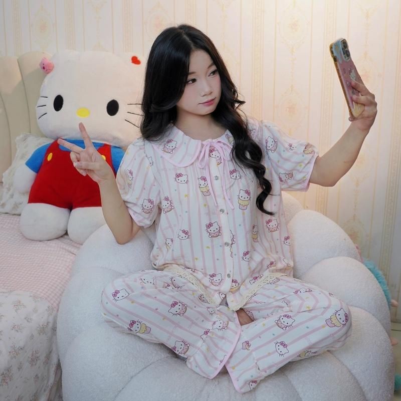 bộ ngủ nữ tiểu thư cổ sen cộc dài vải đũi bông mây mùa hè mặc đi ngủ mát mẻ thoải mái Women Quần Ngủ Áo Ngủ Cotton | BigBuy360 - bigbuy360.vn