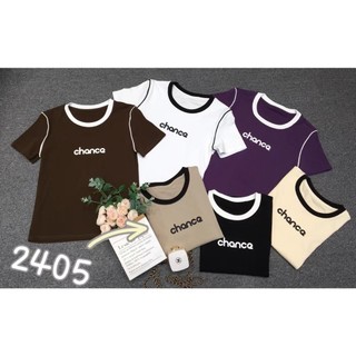 Áo thun nữ tay ngắn cổ tròn viền màu thêu chữ chance hàng Quảng Châu chất cotton mát, áo phông mùa hè form vừa 2405 2