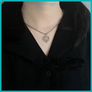 Dây chuyền dây bạc phong cách Gothic Fine Punk Mặt dây chuyền hình trái tim rỗng cho vòng cổ chữ thập