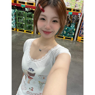 Áo sơ mi trơn màu trắng tay ngắn mùa hè cổ chữ U nữ kiểu ngắn thiết kế ngọt ngào sang trọng của HOT GIRL Áo Thun Ren