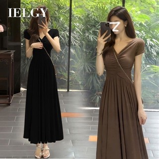 Ielgy Đầm cổ chữ v cao cấp kiểu Pháp 2024 Váy dài xẻ eo mỏng mới dành cho nữ
