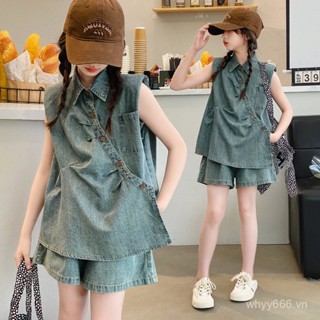Bộ đồ denim cho bé gái, quần áo mùa cho bé gái, quần áo trẻ em mới 2024, quần short denim thời trang kiểu Tây