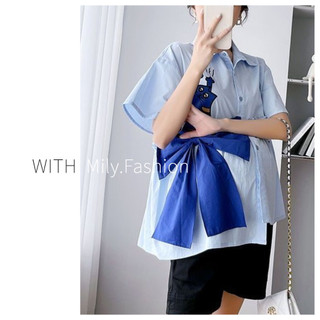 Nữ 2024 Hoạt Hình Áo Sơ Mi Xanh Nhạt Milyfashion Top Nơ In Hình Mùa Hè     