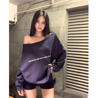 Áo hoodie dài tay in chữ màu xanh, áo trễ vai thiết kế cổ điển mùa thu dành cho nữ