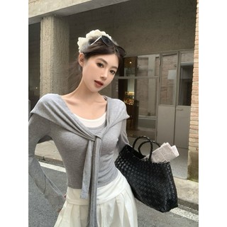Kii Wii Khăn choàng nữ mới mùa thu Phong cách lười biếng Màu sắc tương phản nối áo thun dài tay đa năng 240918