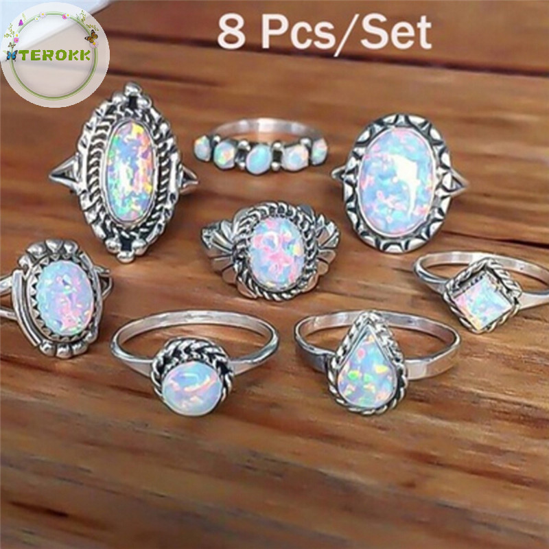 Terokk 8 Cái / bộ Nhẫn Bạc Trắng Lửa Opal Nhẫn Cưới Đính Hôn Nhẫn Nữ Trang Sức VN