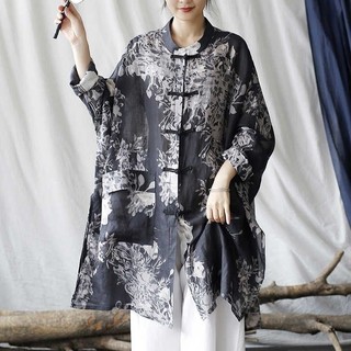 Xuwenjian Hàng Mới Về Mùa Thu Mực Ánh Sáng Phong Cách Dân Tộc In Hình Giữa Chiều Dài Áo Sơ Mi Retro Đứng Cổ Khóa Chống Nắng Zen Rời Kích Thước Lớn Áo Khoác Xuân Thu