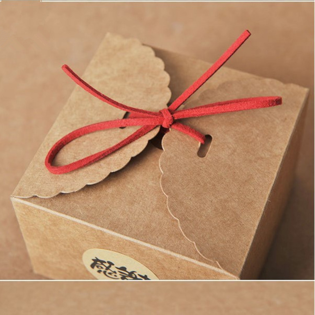 Hộp quà  kraft vuông mini nắp cài thắt nơ Vintage kèm rơm lót, hộp giấy kraft-CIRAN
