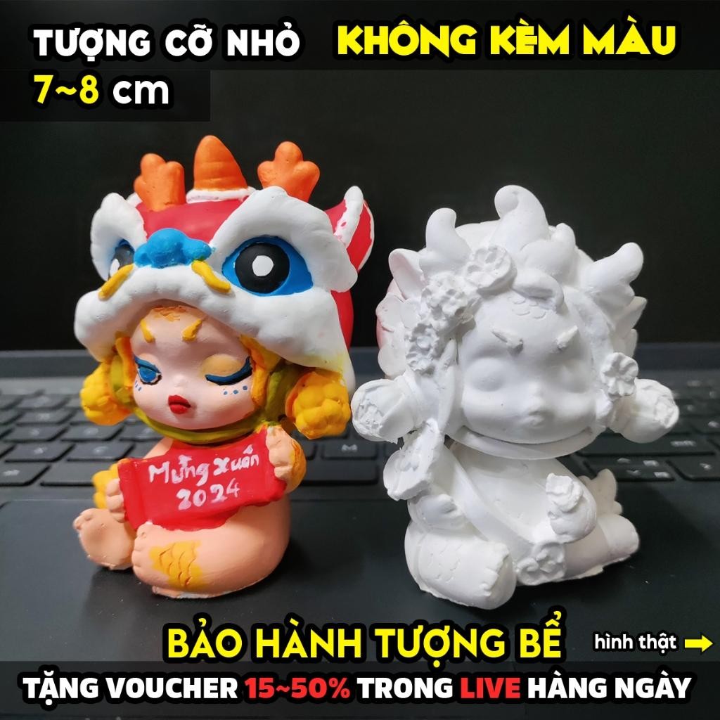 Tượng tô màu, SKULLPANDA CUSTOM RỒNG MAY MẮN, size M, (Không kèm màu), tượng trắng decor, tô tượng t