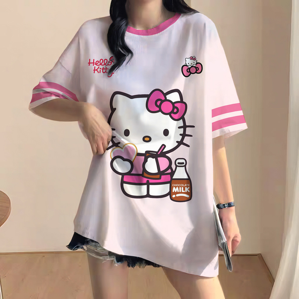 HELLO KITTY Áo thun Unisex dáng rộng dễ thương phong cách Hàn Quốc HELLO KITTY Áo thun bóng đá dáng 