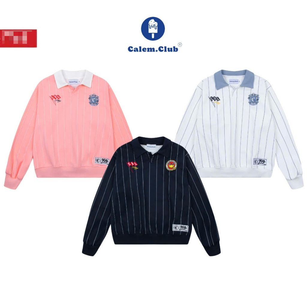 Áo Polo Sweatshirt SIGNATURE DETAIL Calem.Club kiểu dáng tay dài cổ bẻ họa tiết thêu và kẻ sọc Chính Hãng