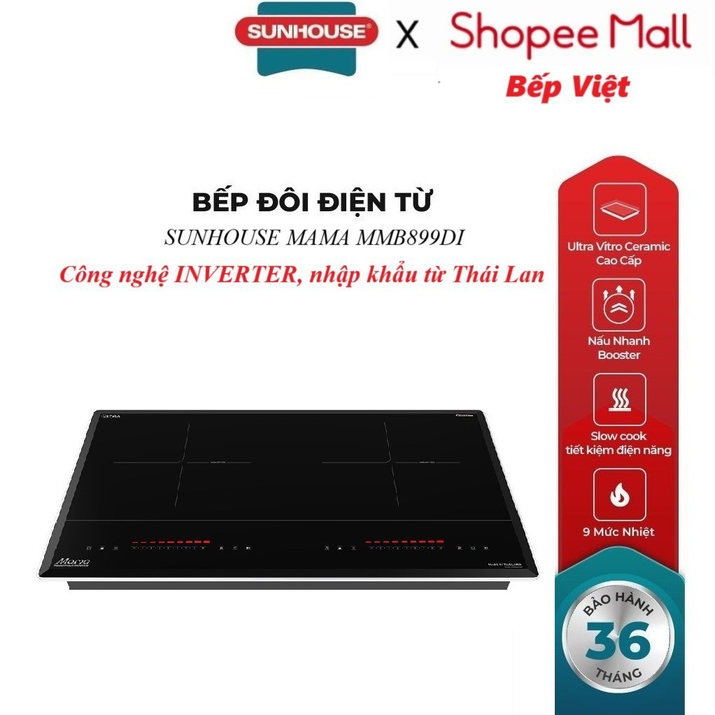 BẾP ĐÔI ĐIỆN TỪ SUNHOUSE MAMA MMB899DI, Công nghệ INVERTER, tổng công suất 
4400W, Mặt kính Ultra Vi