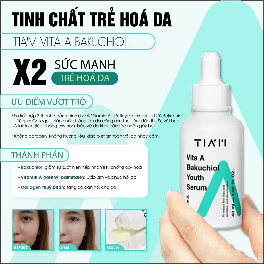 Serum Bakuchiol hỗ trợ Căng Bóng Trẻ Hoá Da Tia'm Vita A Bakuchiol Youth Serum 40ml