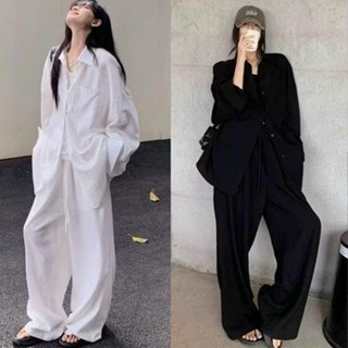  Set đồ Bigsize nữ sơ mi dài tay và quần suông ống rộng vải đũi vân mây  phong cách basic nhiều màu thanh lịch- SET858 