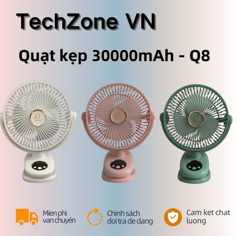 Quạt mini sạc điện 30000mAh – Kẹp 8 inch có đèn LED, 5 tốc độ điều chỉnh, hiển thị pin tiện lợi