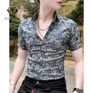 Áo Sơ Mi Nam Ngắn Tay Vải Gấm Hoa Văn Nổi Sang Trọng Mát Lạnh quý tộc Menswear