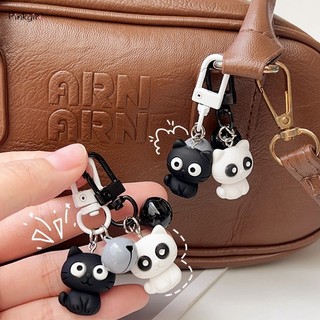 Cartoon Sweet Black White Kittens Bell Keychain Creative Couple Backpack Cat Pendant Bag Charms Accessories