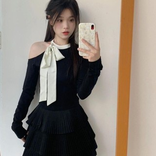 Áo Thun Trễ Vai Thiết Kế Kiểu Pháp Phong Cách Hepburn Nơ Bướm HOT GIRL Mẫu Mới Màu Đen Ngọt Ngào 