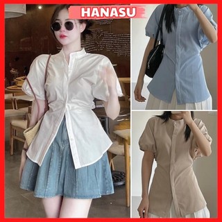 Áo sơ mi nữ ngắn tay cổ tàu sang chảnh áo nữ kiểu rúm eo cộc tay chất thô hàn mặc đi học đi chơi A647 - HANASU